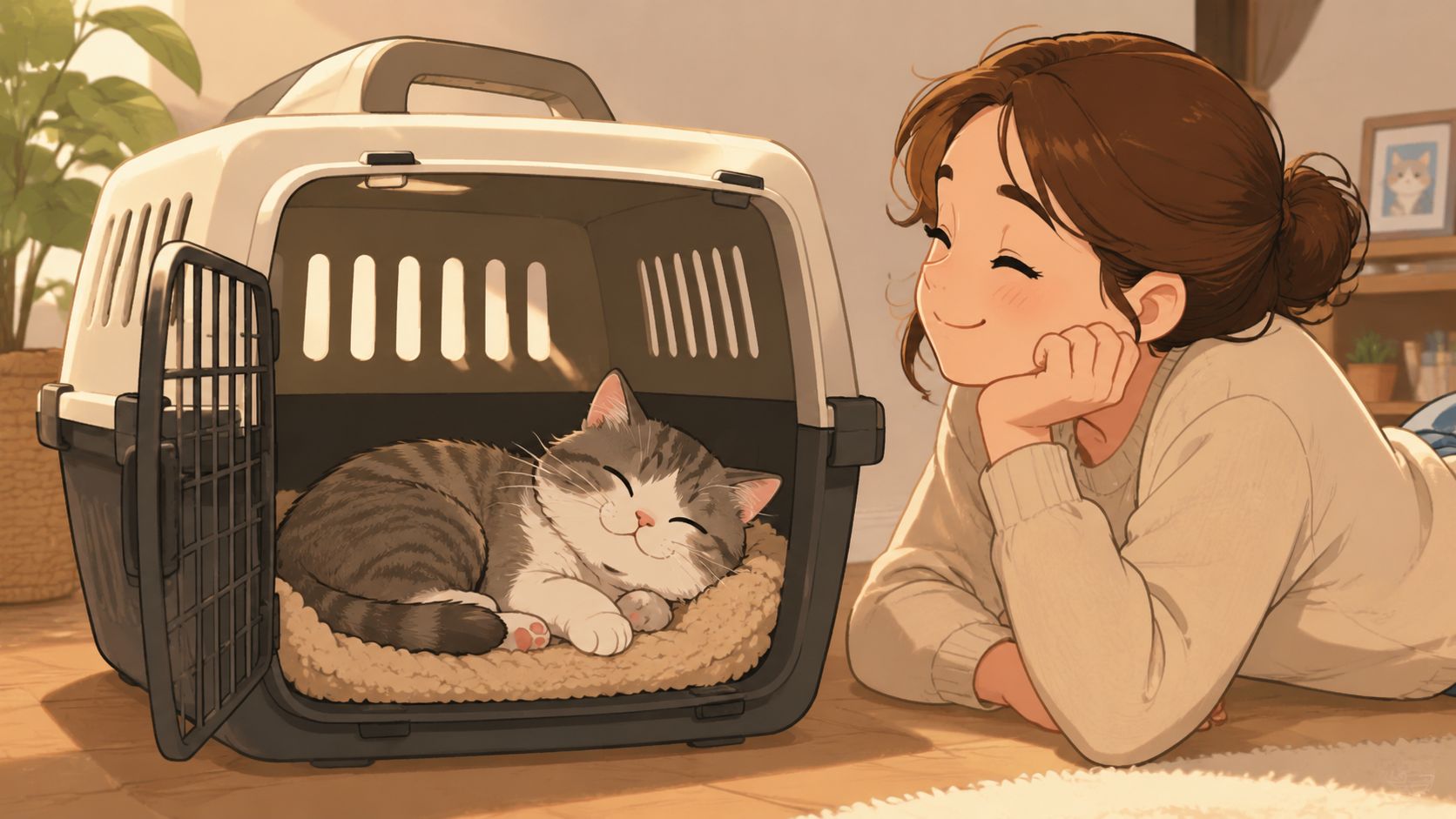 A happy young woman lying on the floor, watching her pet cat sleeping peacefully inside a carrier.