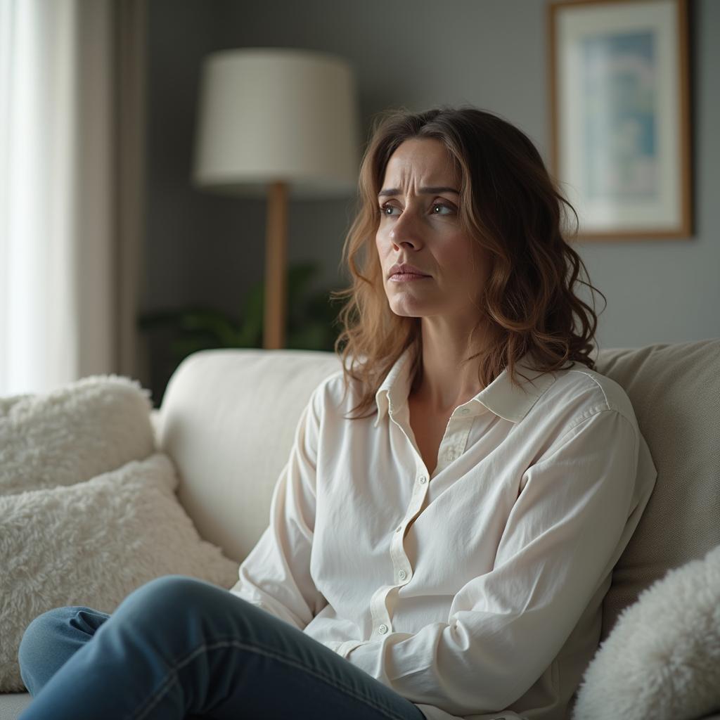 Mujer agotada y preocupada, posible síntoma de alteraciones en hipófisis o suprarrenales.