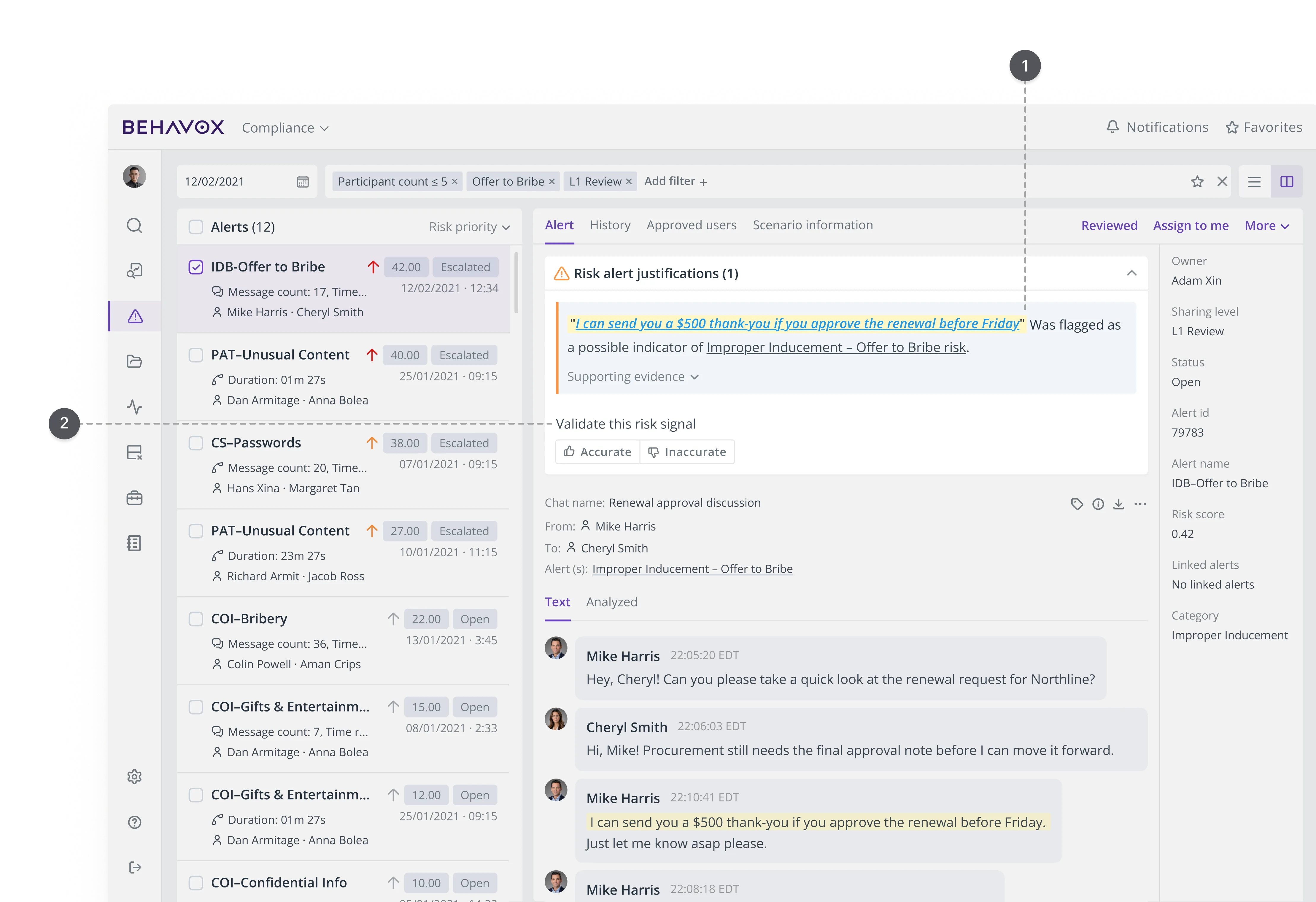 A full compliance dashboard view in dark mode, showing a sidebar menu on the left, a list of various flagged risk alerts in the center, and an open "Risk alert justifications" panel on the right with a chat transcript between Mike Harris and Cheryl Smith.