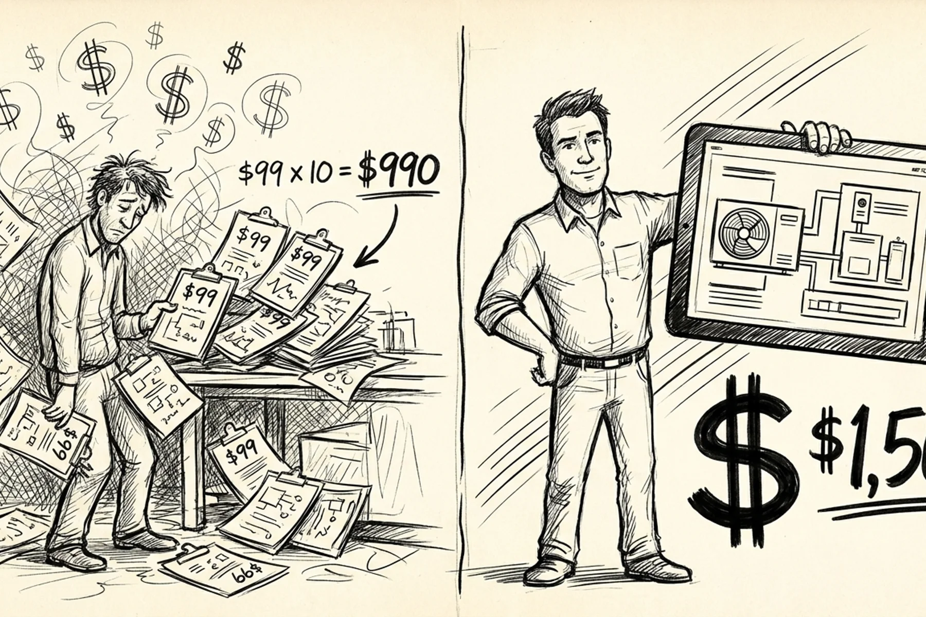 Revenue per technician productivity comparison - hand-drawn sketch showing technician workday split between scattered low-value tune-ups versus focused high-revenue installation work