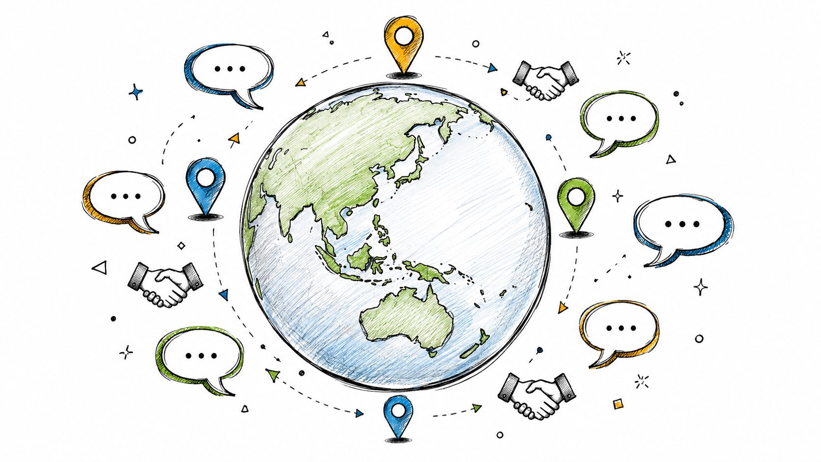 A hand-drawn illustration of a globe surrounded by location pins, handshake icons, and speech bubbles.