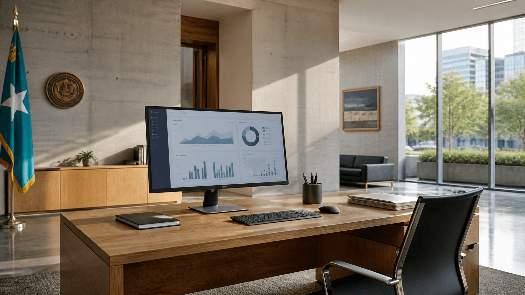 Editorial photograph of a modern, minimalist government office interior. A single, clean oak desk is the focal point. On the desk sits a sleek monitor displaying an intuitive data dashboard with clean lines and muted brand colors. The background shows a bright, airy space with architectural concrete walls and large windows with natural light. Aspect ratio 16:9, photorealistic. No neon, no holograms, no floating digital brains, no circuit overlays, no futuristic cityscapes, no reaching hands with particles, no stock photos, no text, no logos.