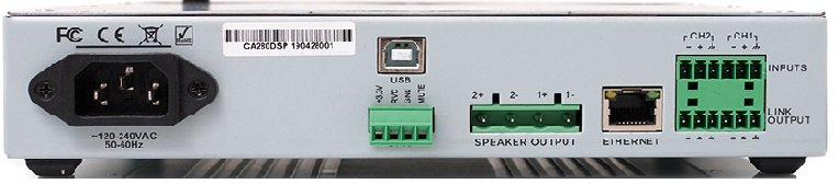 Rear panel with power, USB, speaker out, Ethernet, and input/output connectors.