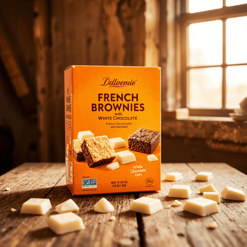 product photography of a box of French brownies with white chocolate