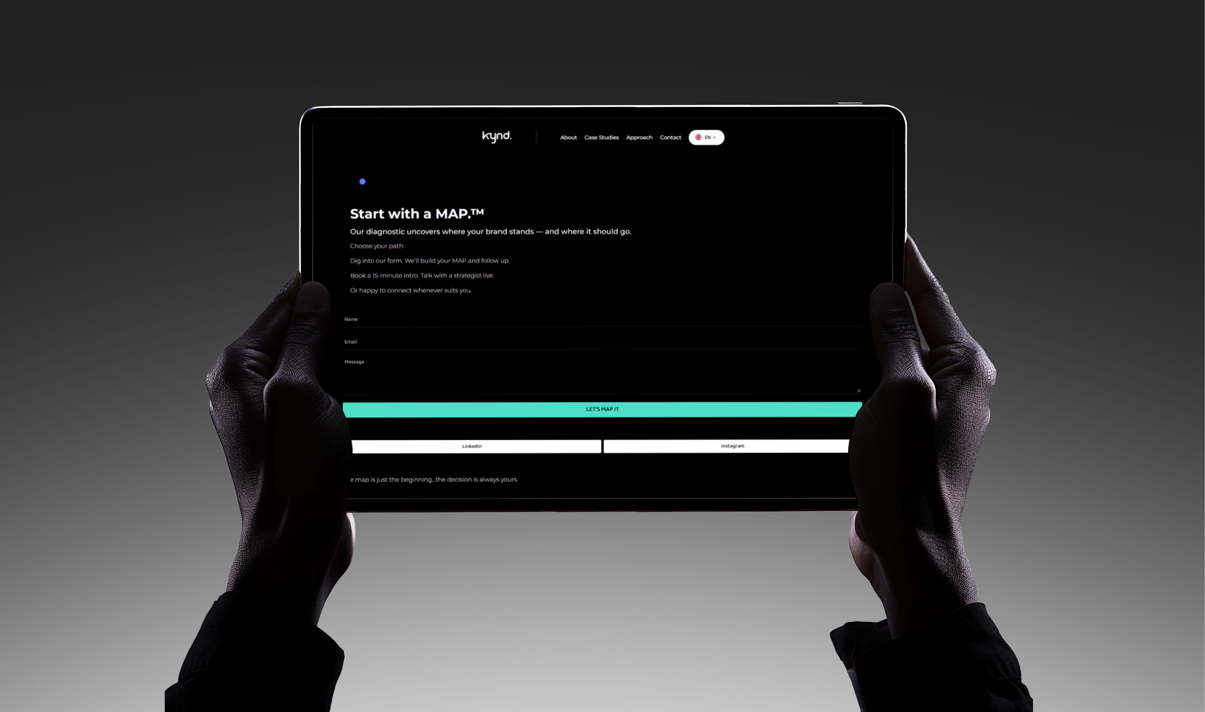 Hands hold a tablet displaying a dark-themed app interface with a teal progress bar. The app prompts the user to "Start with a valid TV".