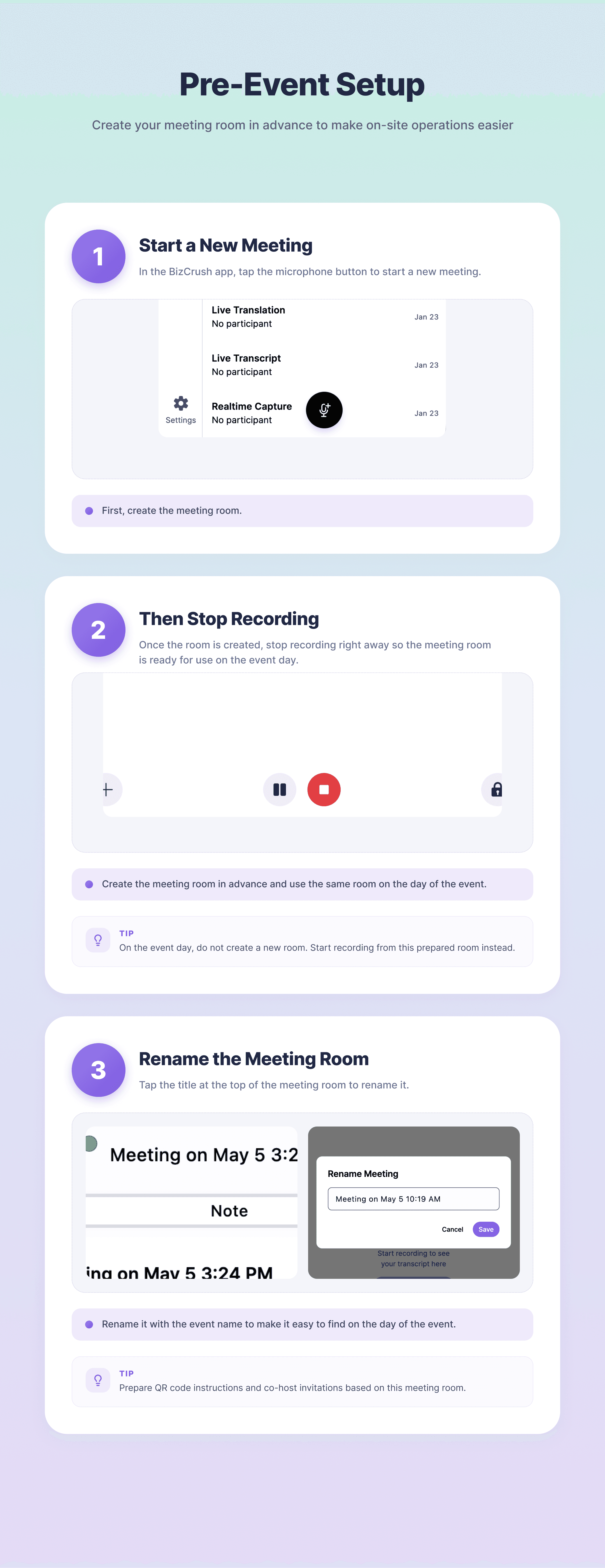 IMAGE 1 — Pre-Event Setup: 3-step infographic showing (1) Start a New Meeting, (2) Stop Recording, (3) Rename the Meeting Room