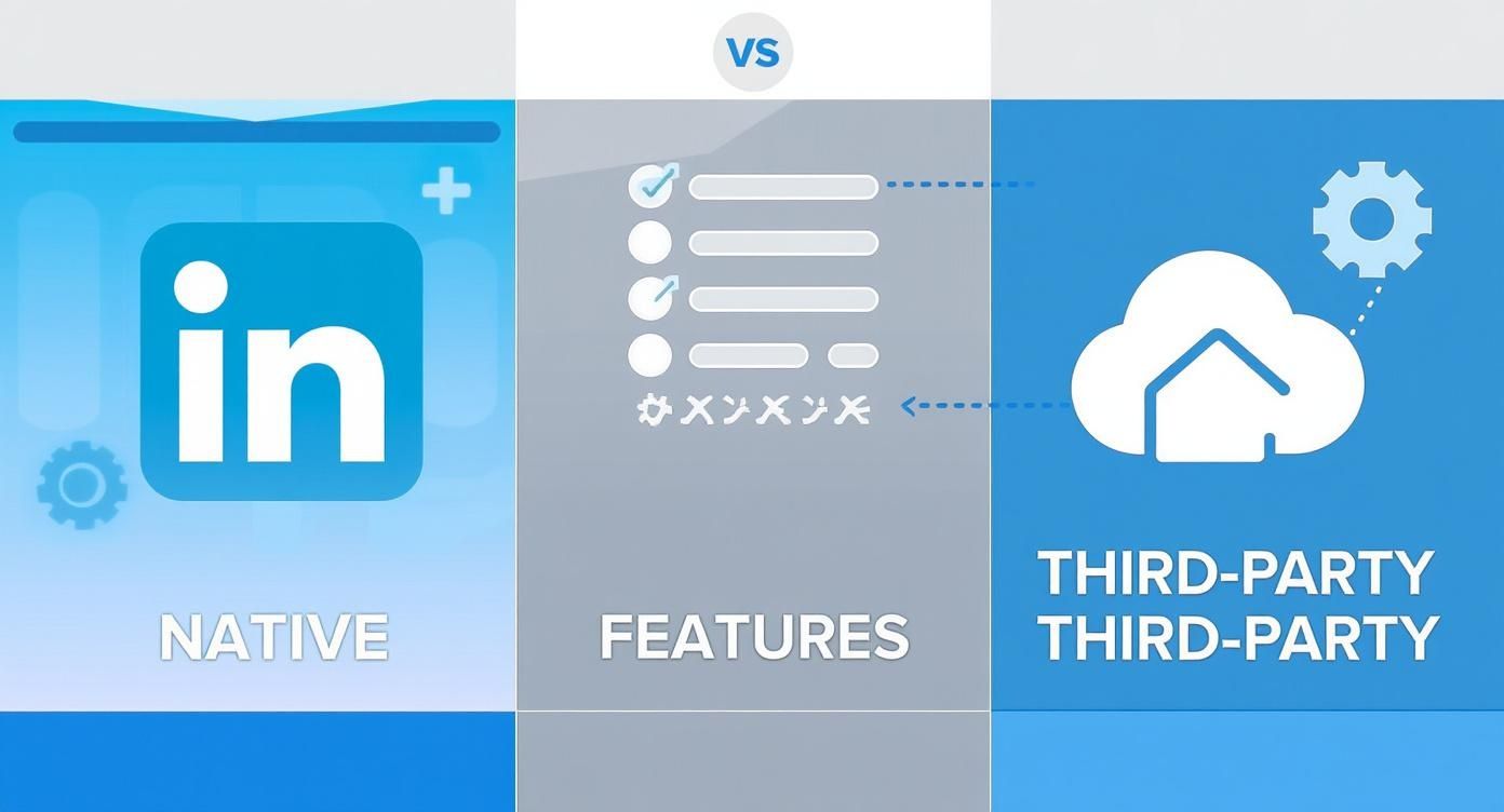 Infographic comparing the features of LinkedIn's native scheduler with third-party scheduling tools.