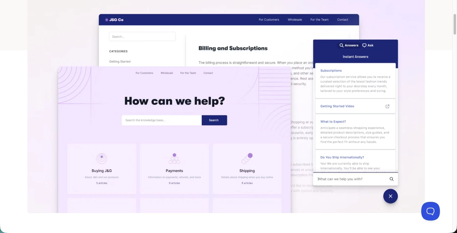 A screenshot of Help Scout's knowledge base and widget