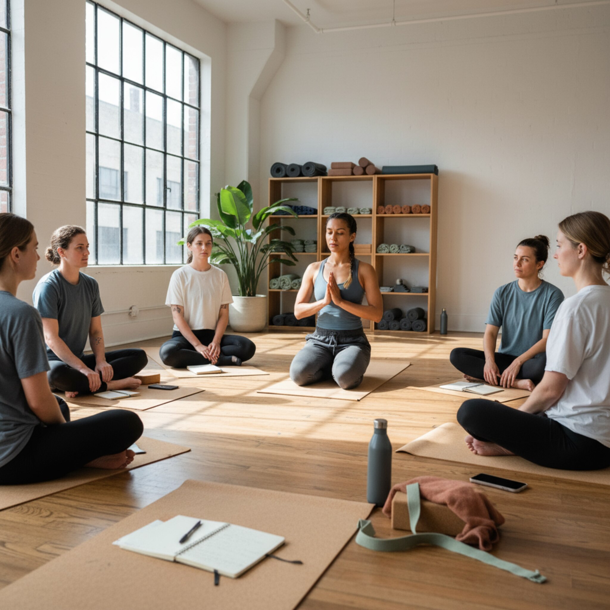 Yogaworkshop am Wochenende, Gruppe sitzt im Halbkreis mit Blöcken und Gurten, Notizhefte, entspannte Atmosphäre, Sonnenlicht durch große Fenster, realistisches Foto