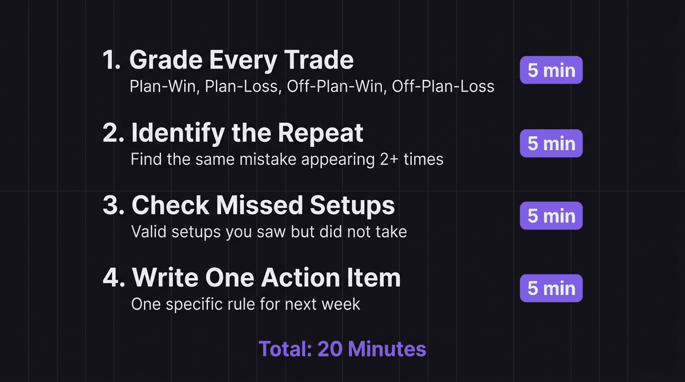 Weekly trading review checklist template showing four steps from grading trades to writing one action item