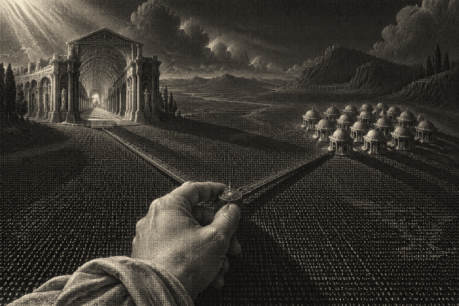 Dithered illustration of a marble hand holding a drafting compass between one grand vaulted hall and a cluster of small identical pavilions, with a single yellow point at the compass tip.