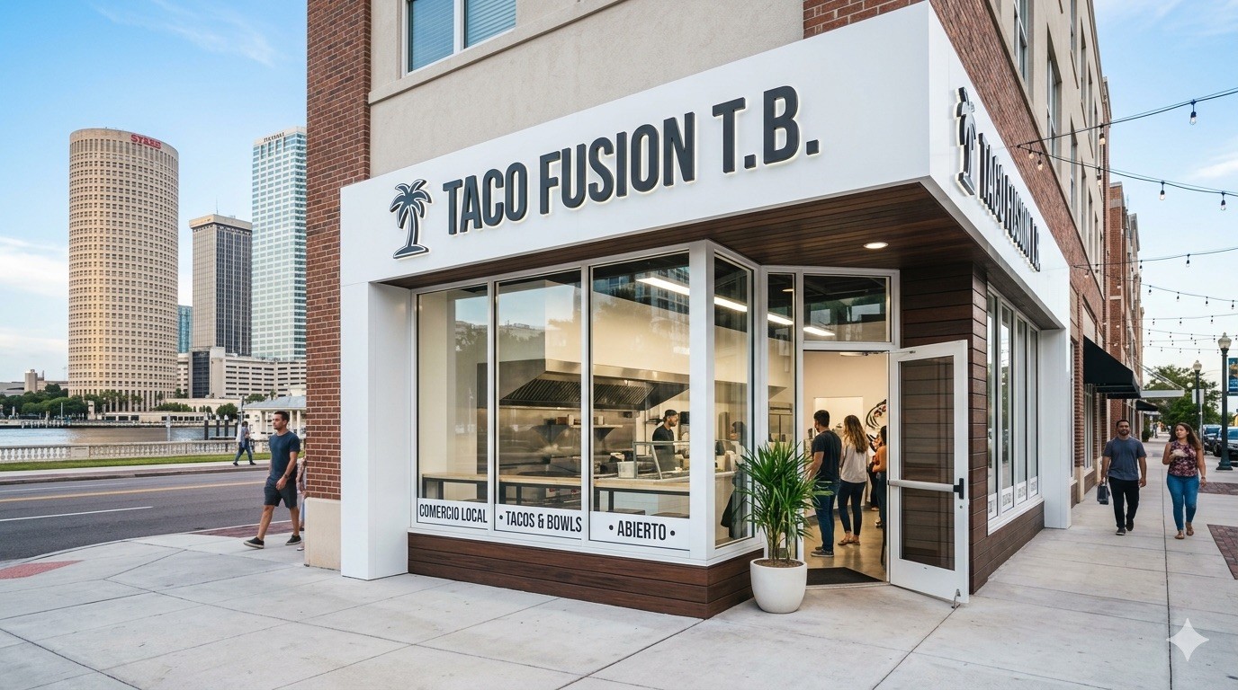 Elegant restaurant storefront for Taco Fusion TB with clean modern signage in Tampa.