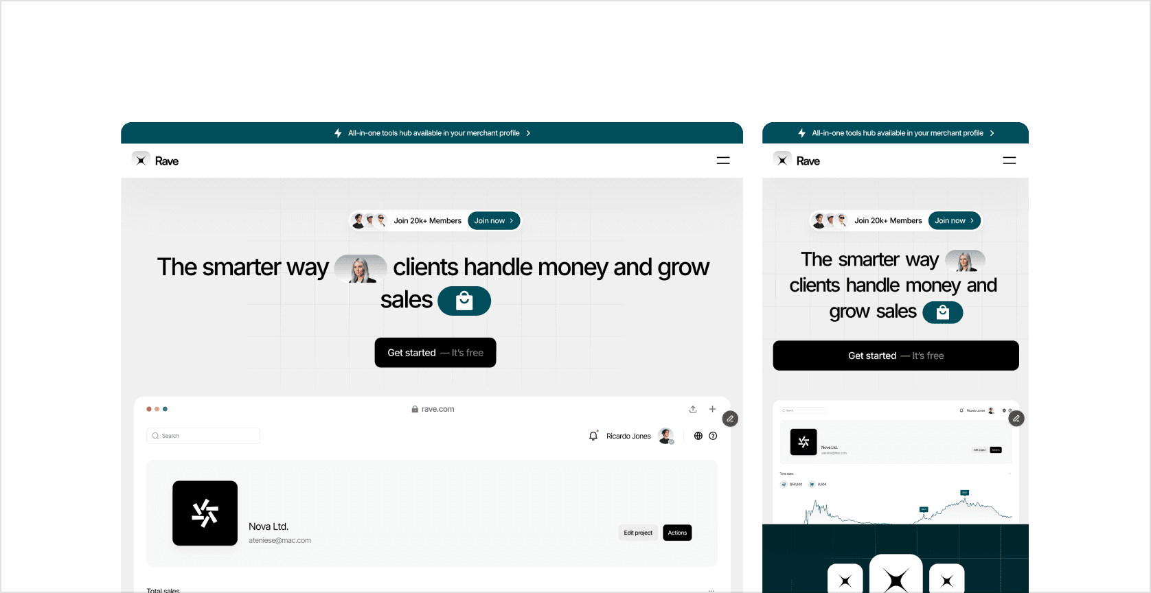 Responsive preview of the Rave homepage shown on desktop and mobile breakpoints
