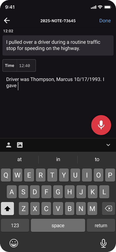 A mobile screen of the Digital Notes app showing an active dictation interface with a prominent microphone icon.
