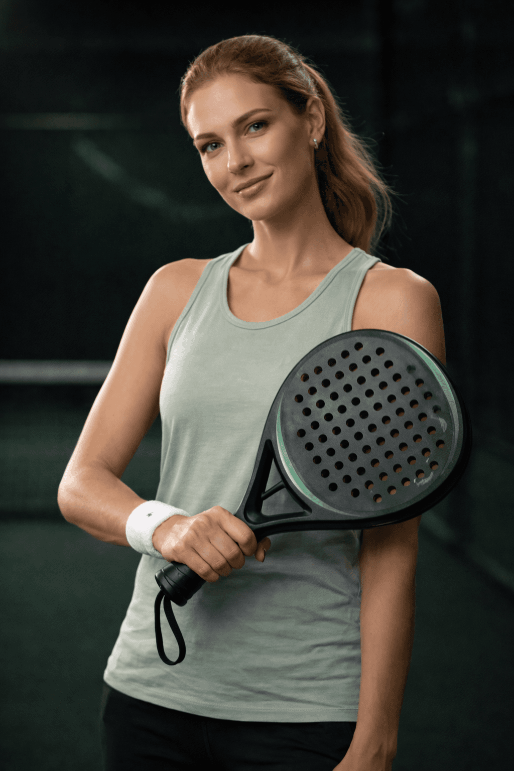 "Mujer principiante sujetando una pala de pádel redonda y ligera"