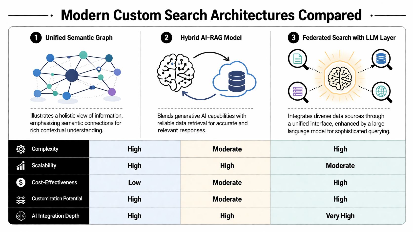 A comparison chart outlining three modern custom search architectures: Unified Semantic Graph, Hybrid AI-RAG, and Federated Search.