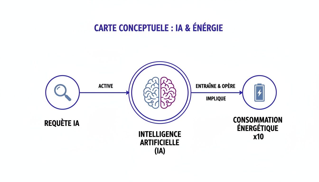 Carte conceptuelle illustrant comment les requêtes IA activent l'intelligence artificielle, impliquant une consommation énergétique décuplée.