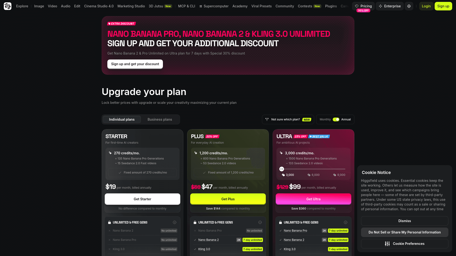 Higgsfield credits page showing the credit packs and plan tiers available for purchase.