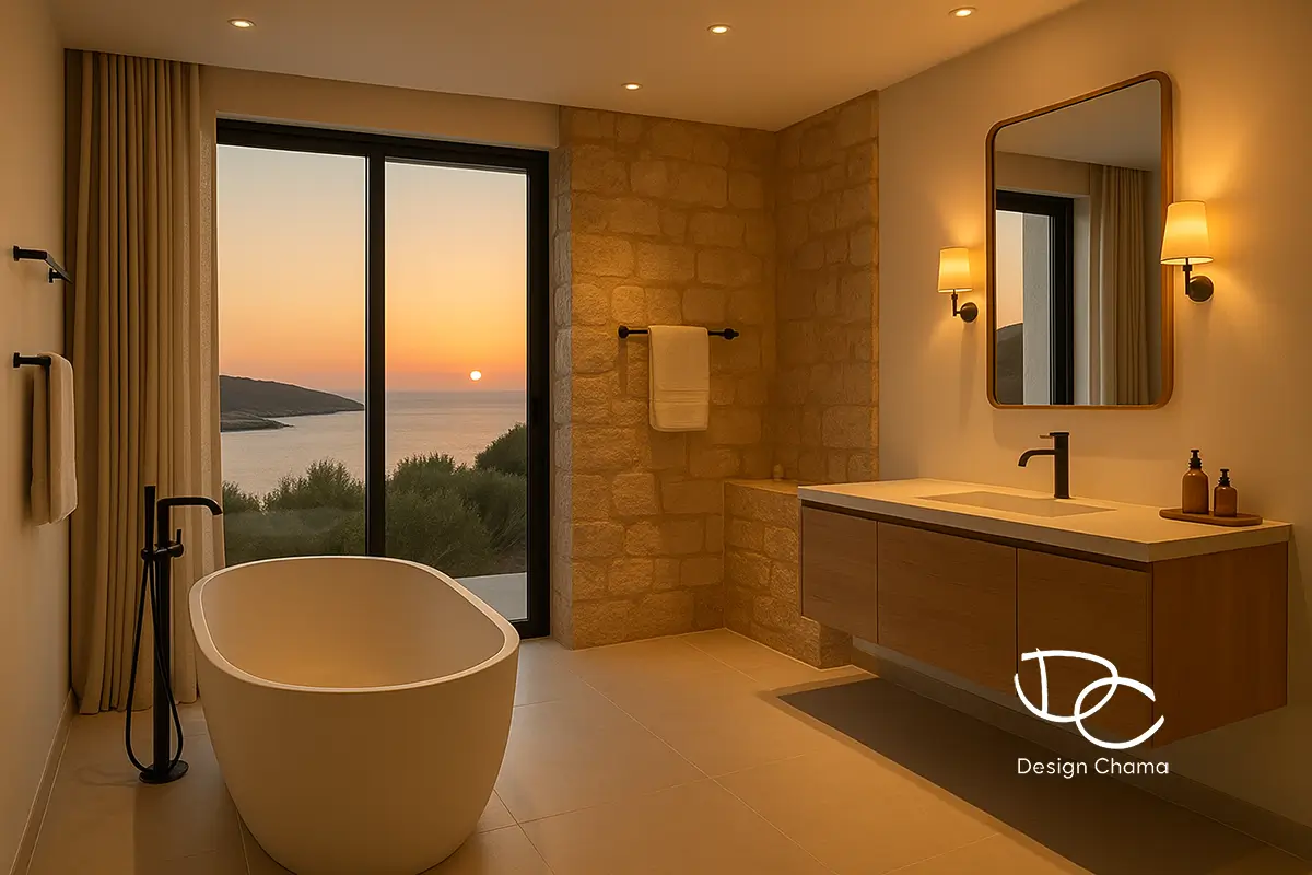 Πολυτελές μπάνιο με ελεύθερη μπανιέρα και θέα στη θάλασσα στο ηλιοβασίλεμα, στη Βίλα Σουνίου.