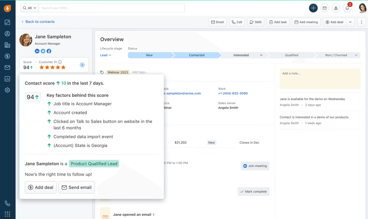 Freshsale’s interface for contacts, with the contact score card showing