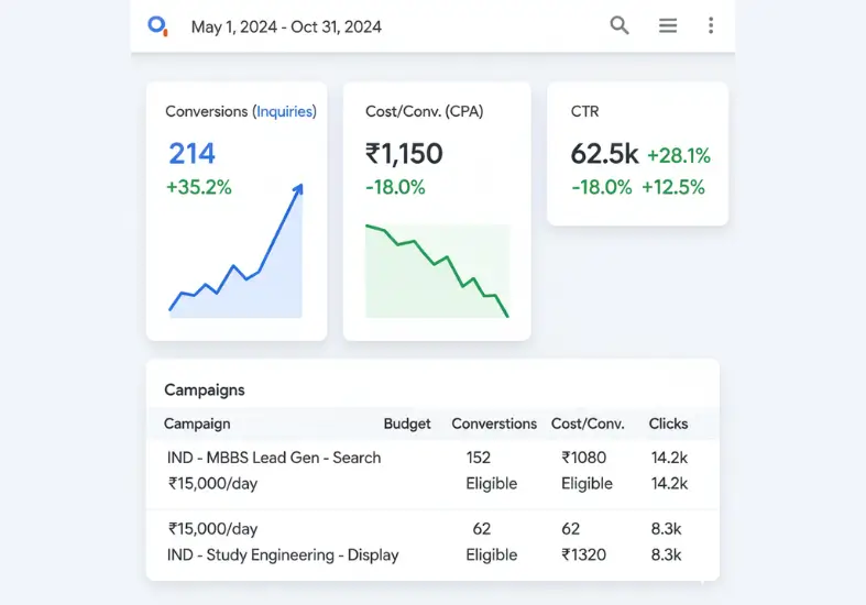 Medicon Overseas Google Ads Conversion Strategy - 214 Conversions +35.2% Growth | Mahendra R Digital Marketing Specialist | Search Ads Performance | Study Abroad Consulting | Cost Per Conversion ₹1150 | Lead Results
