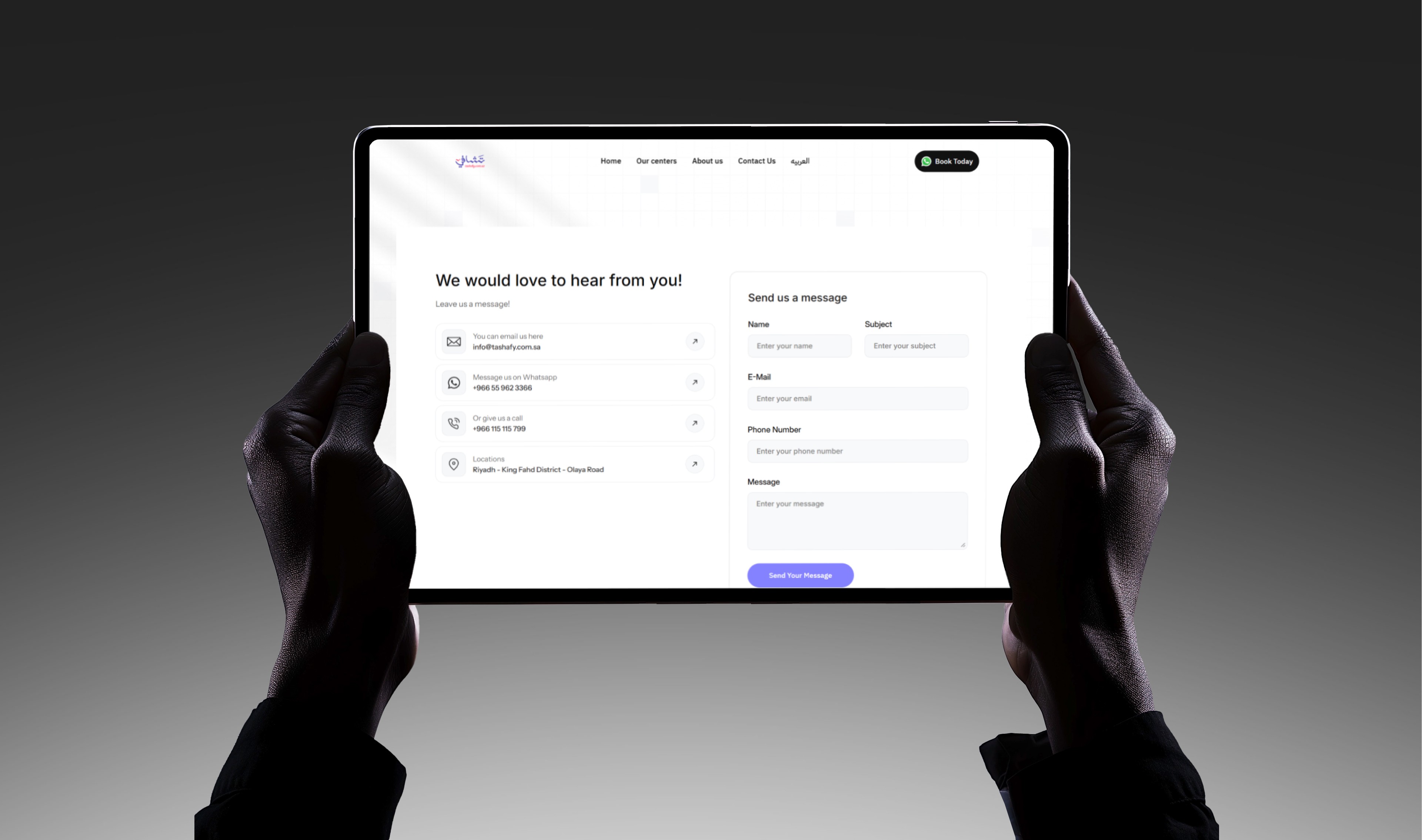 Hands holding a tablet displaying a contact form.  The form asks for name, email, and message.