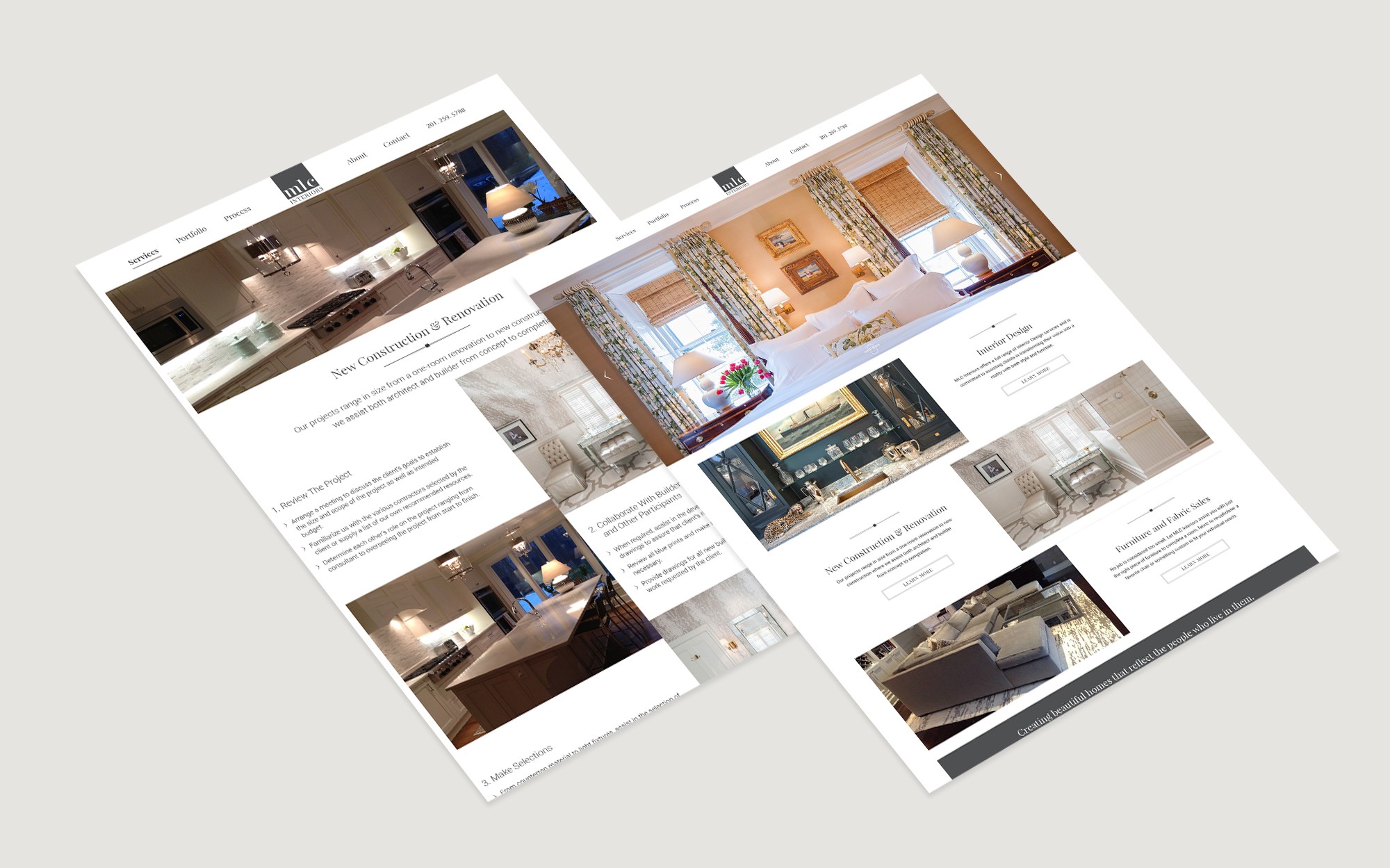 Web design mockups for MLC Interiors showing interior renovation and design project pages.
