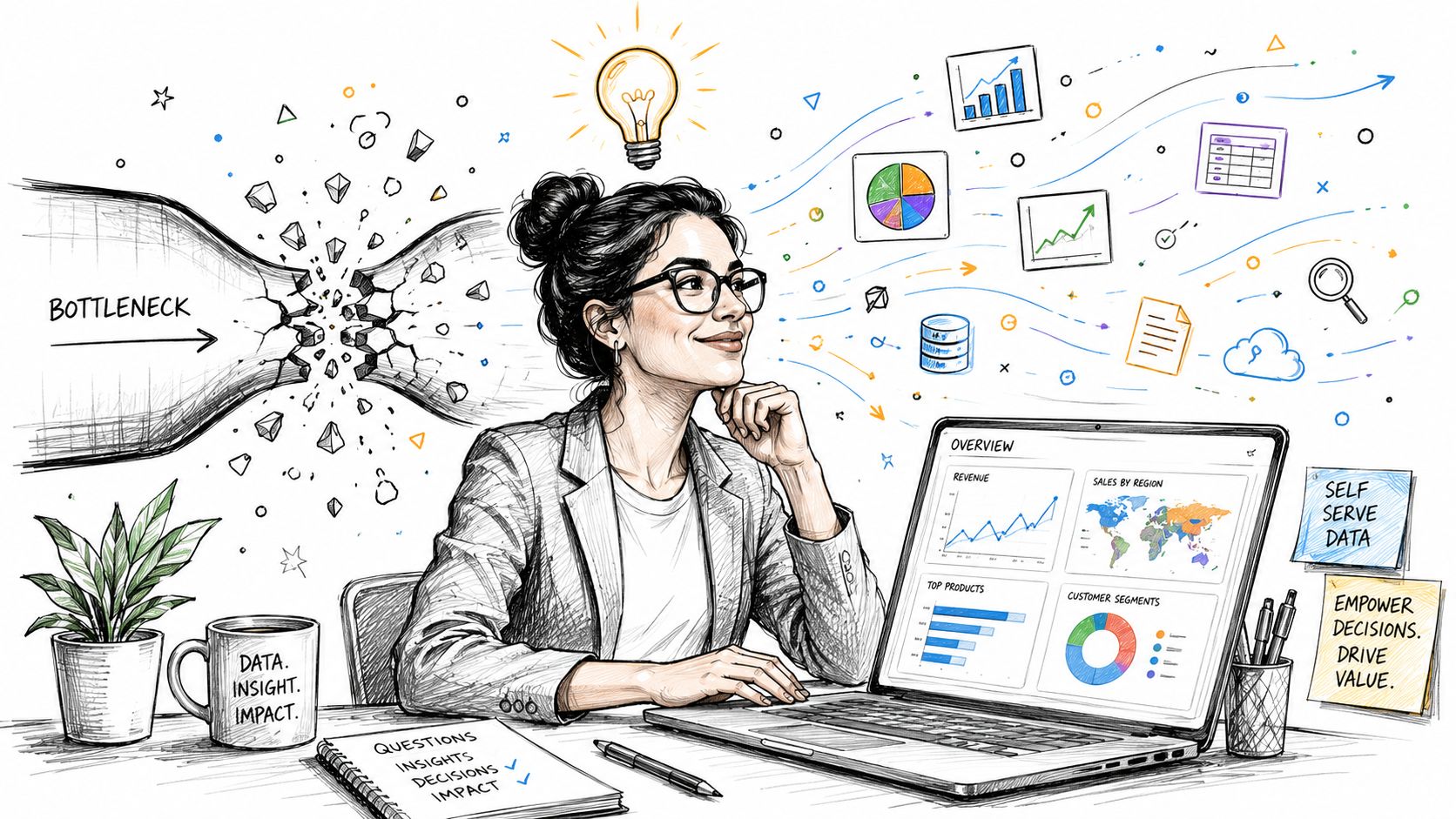 A professional woman uses data analytics software to break through bottlenecks and drive business insights effectively.