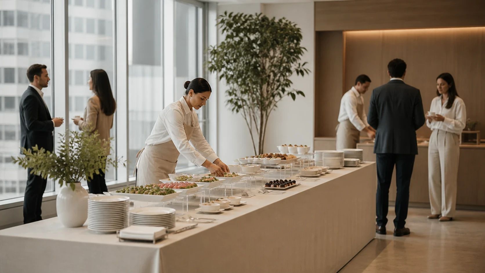 Estação de alimentação preparada para evento corporativo com turnos