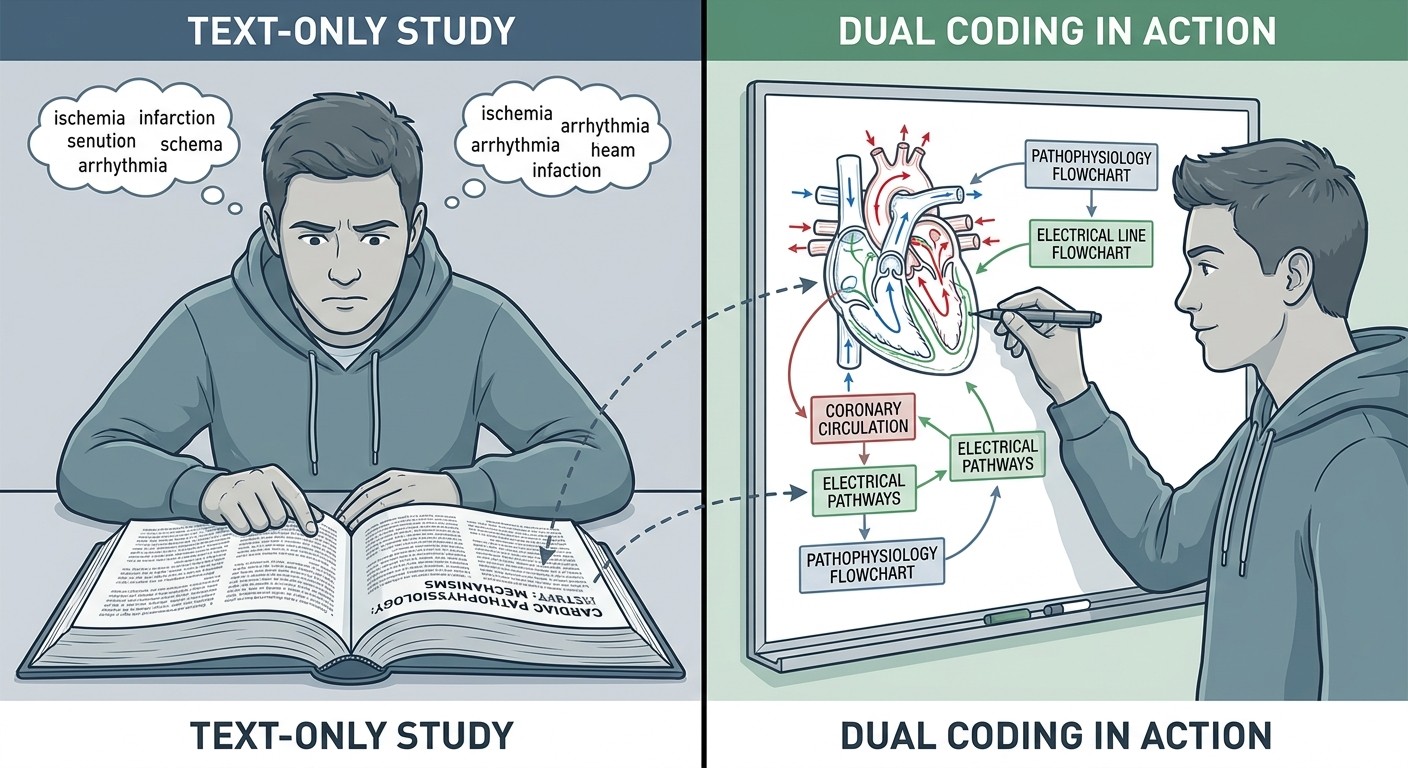Comparison showing text-only vs dual coding study methods for medical students