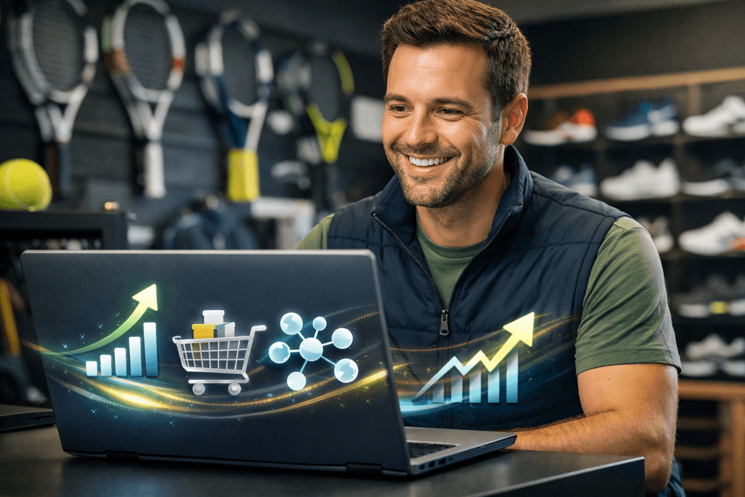 Pessoa no setor de tenis de uma loja de esportes utilizando notebook com interface digital futurista, representando gestao de pedidos, crescimento de vendas e operacao eficiente no varejo esportivo.