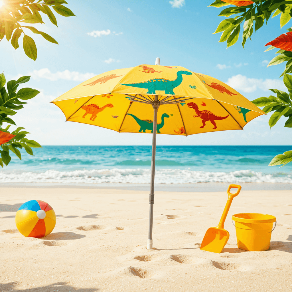 product photography of a children's beach umbrella with playful dinosaur designs