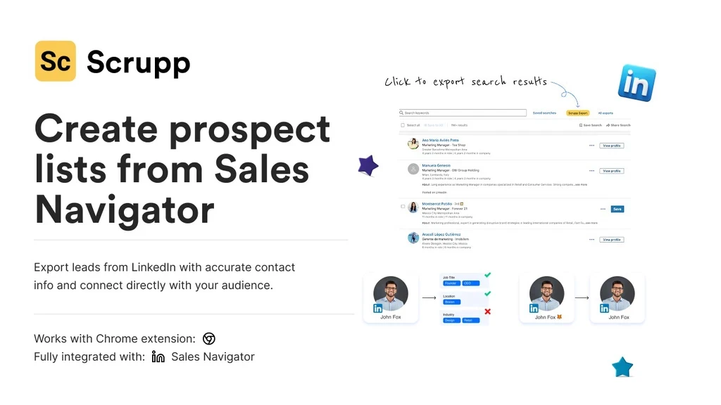 Scrupp, the Chrome extension running over a Sales Navigator lead search with the export button visible