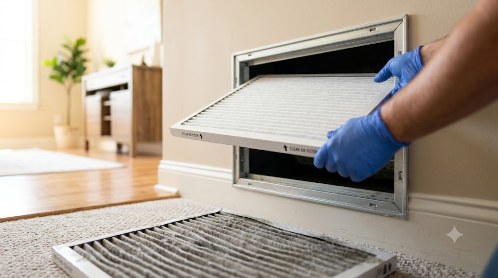 A clean pleated air filter being installed next to a dirty clogged filter
