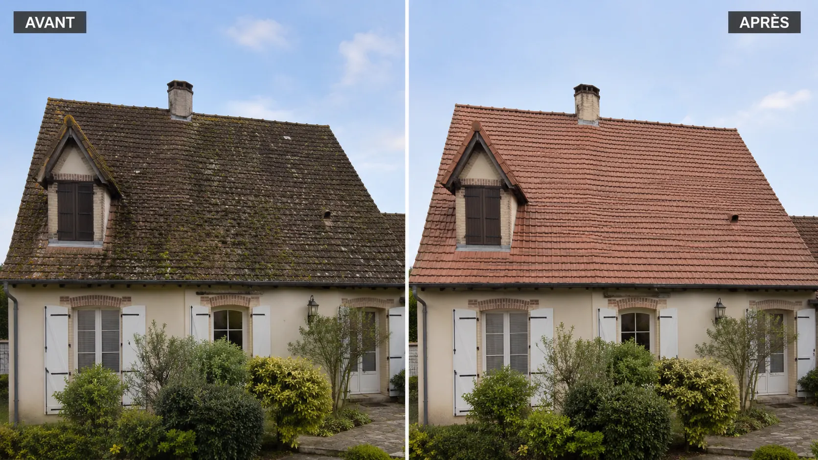 Avant et après un démoussage et nettoyage de toiture réalisés par JP Nettoyage dans le Puy-de-Dôme.
