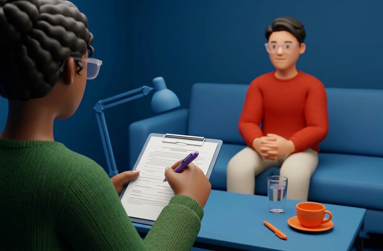 a lady giving an assessment to a man in red sweatshirt