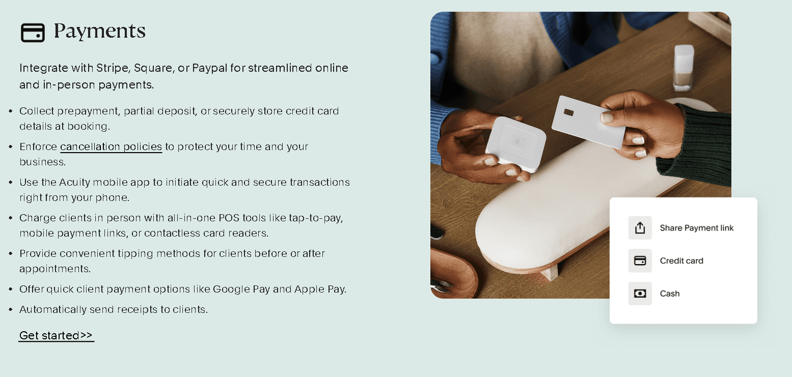 A visual guide to Acuity Scheduling payment features showing Stripe, Square, and PayPal integration options with a photo of a customer using a card reader.