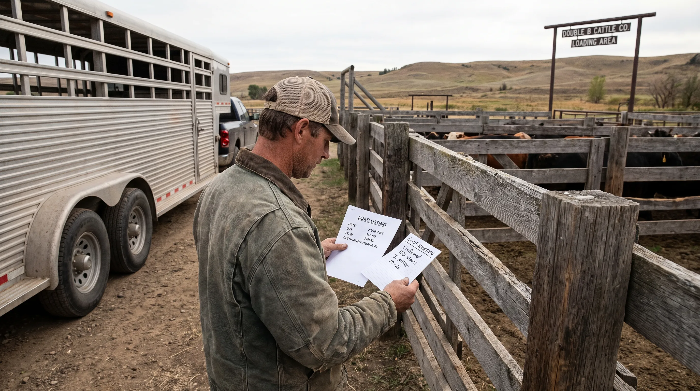 A hauler compares a printed load listing with a written confirmation at a ranch loading area, with a cattle trailer parked beside the pens.