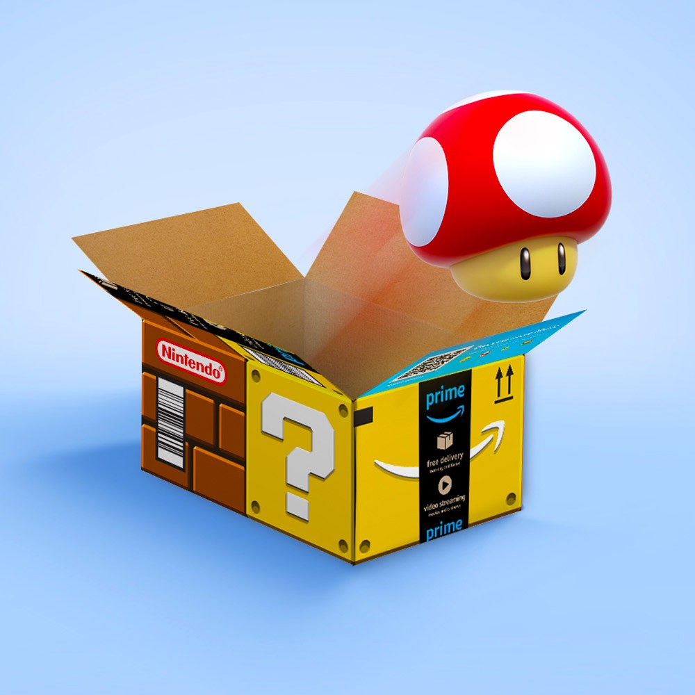 A 1-Up mushroom jumps out of an Amazon delivery box designed like a 'Question' block.