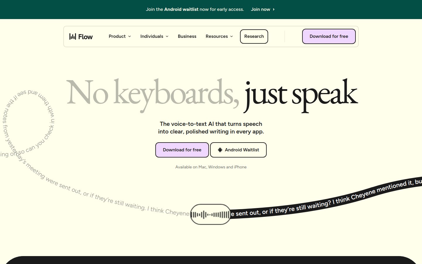 wisprflow.com homepage hero section screenshot