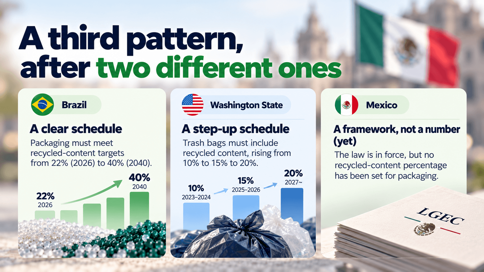 Brazil, Washington State, and Mexico's recycled-content schedules compared