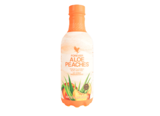 Garrafa do Forever Aloe Bits N' Peaches, suco de babosa com pedaços de pêssego, ideal para toda a família.