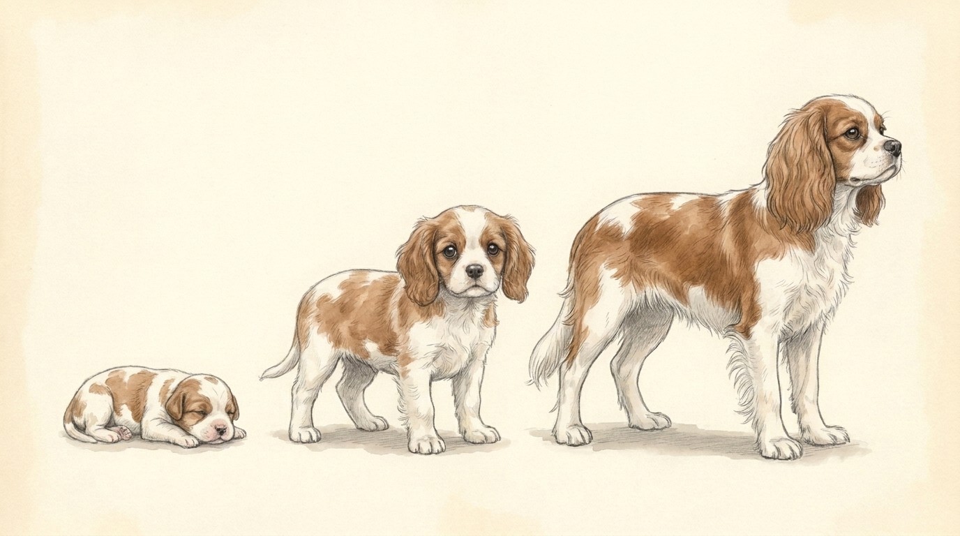 Ilustración del mismo animal como recién nacido, a las 8 semanas y a los 5 meses.