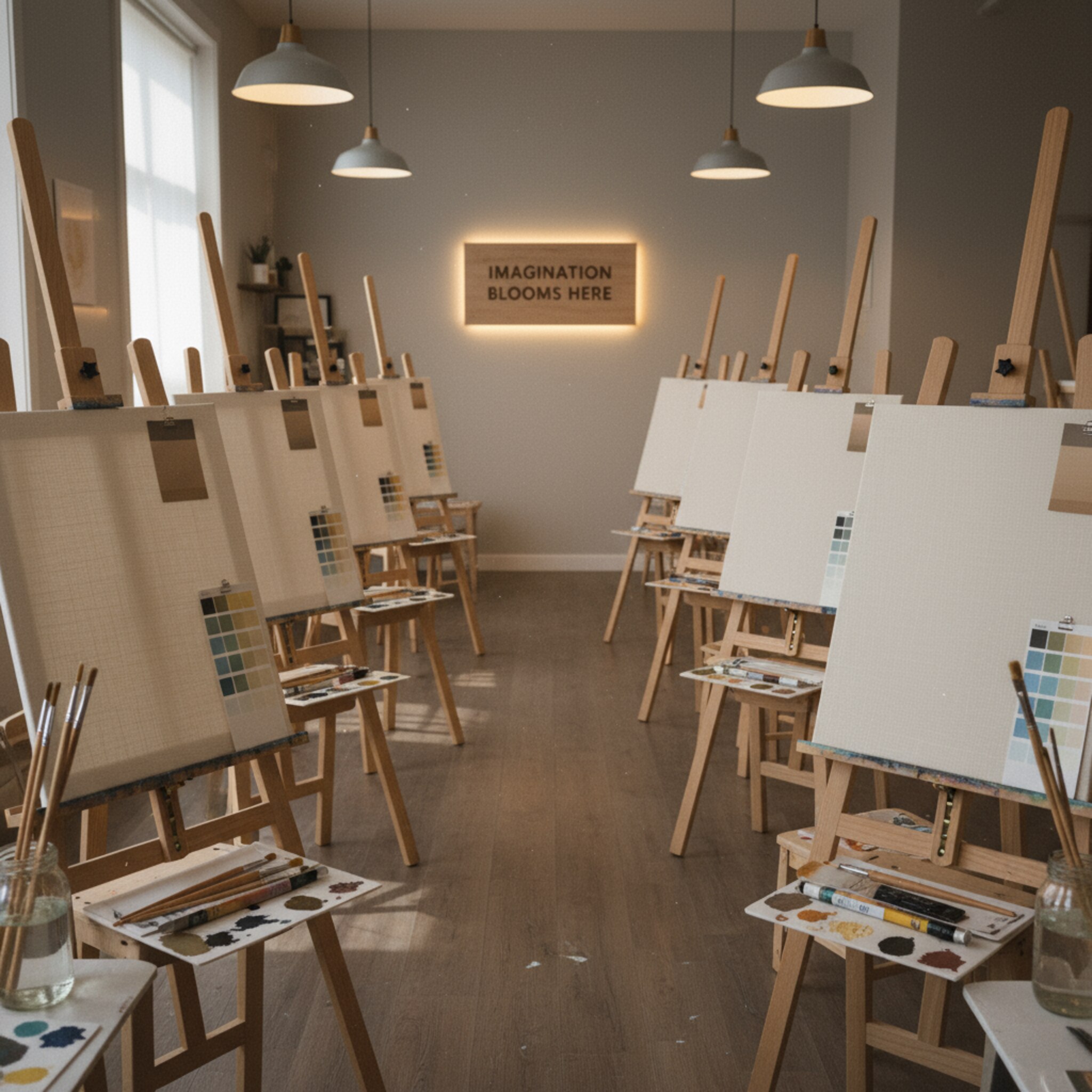 Ein Studio ist für einen Themenabend vorbereitet: Farbkärtchen markieren Plätze, Staffeleien stehen in Reihen, auf jedem Platz liegen Leinwand, Pinsel und ein kleines Materialset. Ein Schild mit dem Motto des Abends hängt an der Wand. Gedämpftes Licht schafft Vorfreude auf den Start.