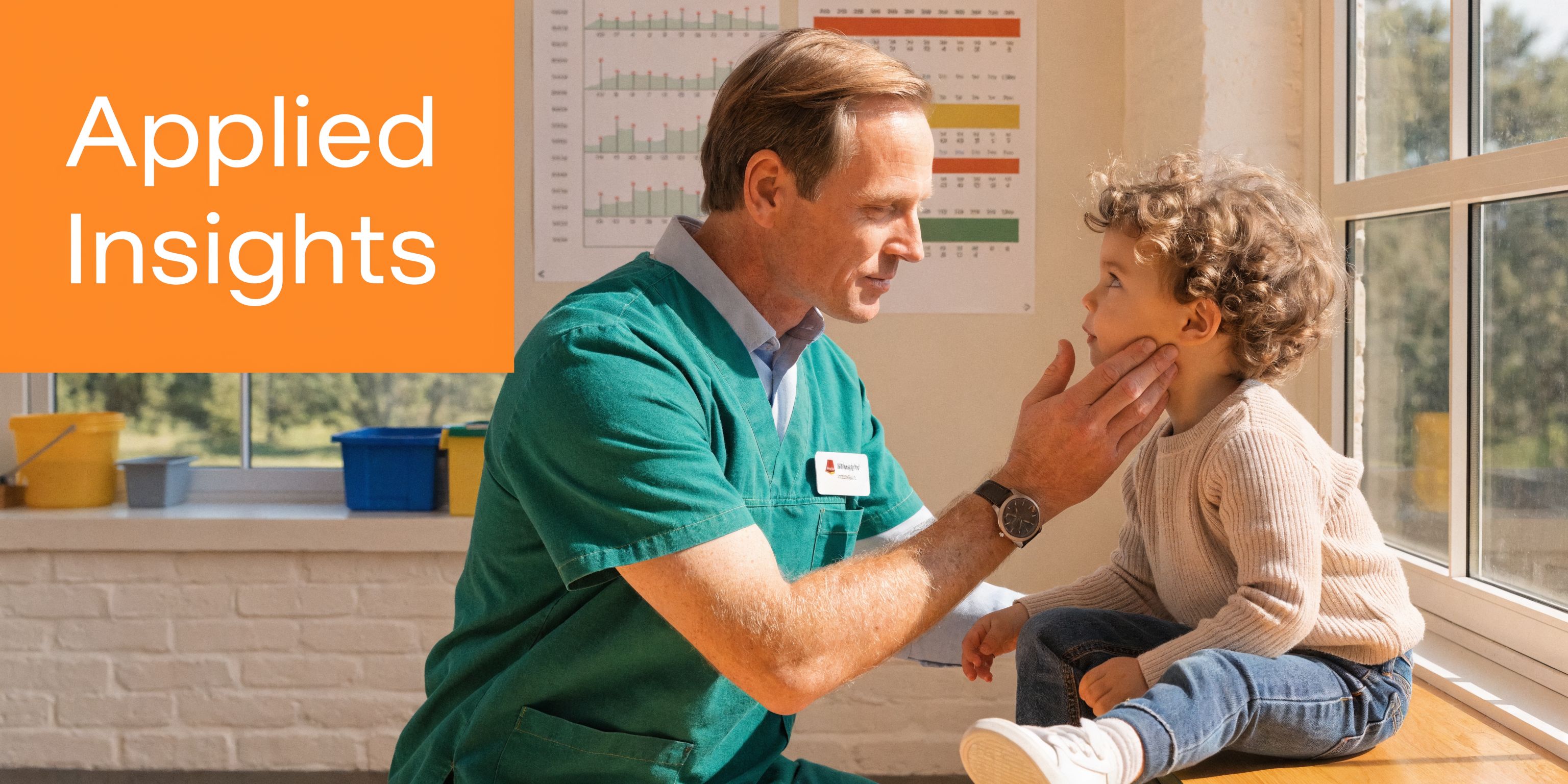 A caring pediatrician in green scrubs gently examines a young child sitting on a window ledge.