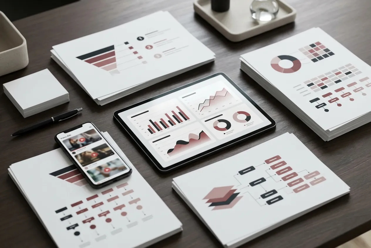 RockN' Socials: Digital Marketing analytics on tablet, phone, and papers.