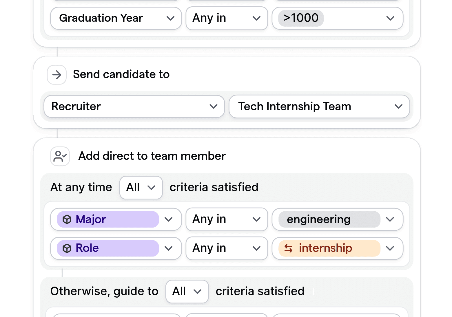 A customizable routing logic interface for campus recruiting, showing rules based on candidate major, graduation year, and program.