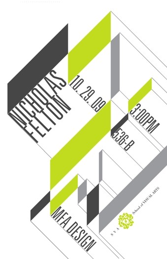 A infographic poster with 3d black, white and green shapes that has the text: Nicholas Felton MFA Design