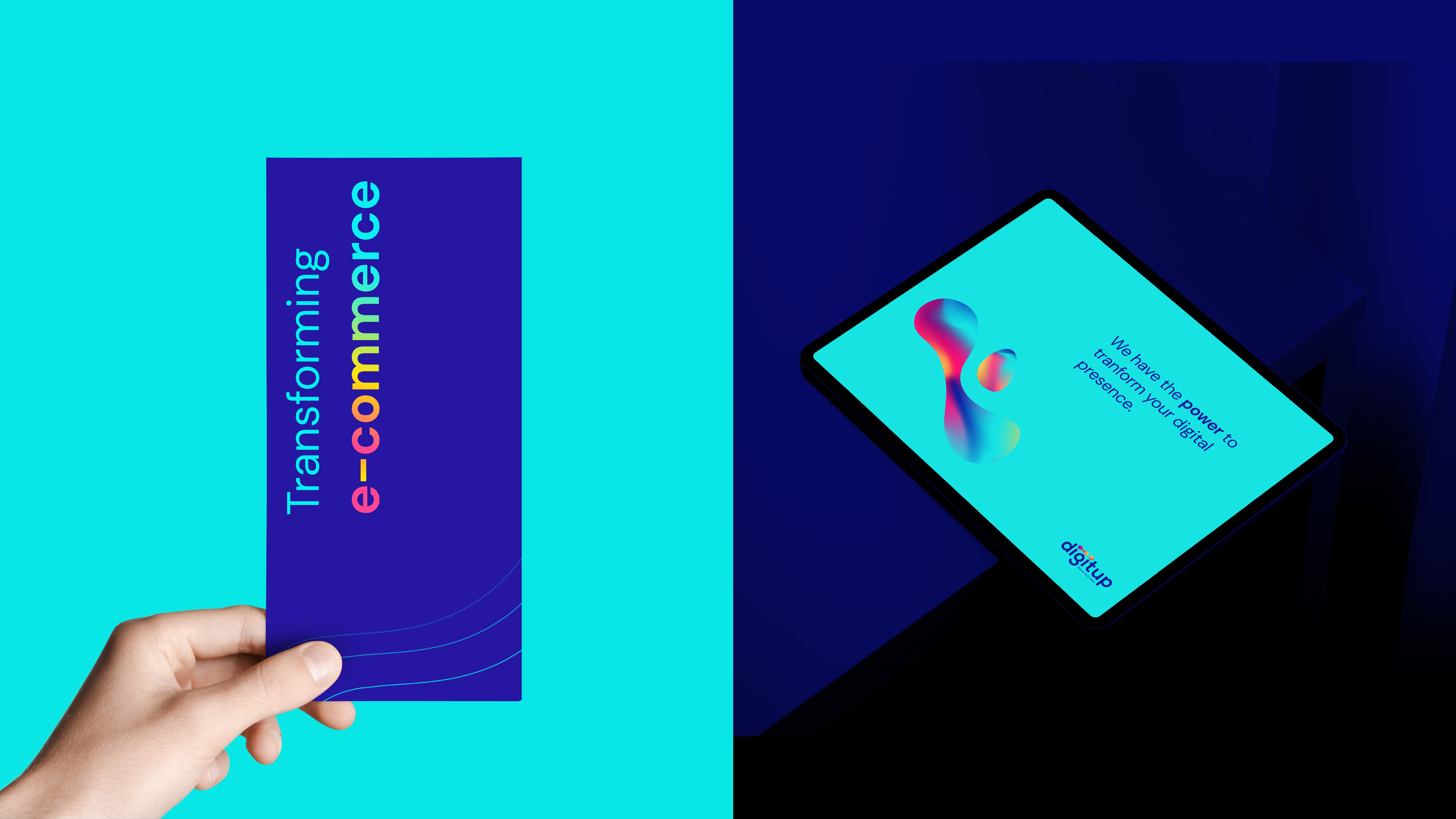 Cards and screens with abstract design elements and a quote about digitup