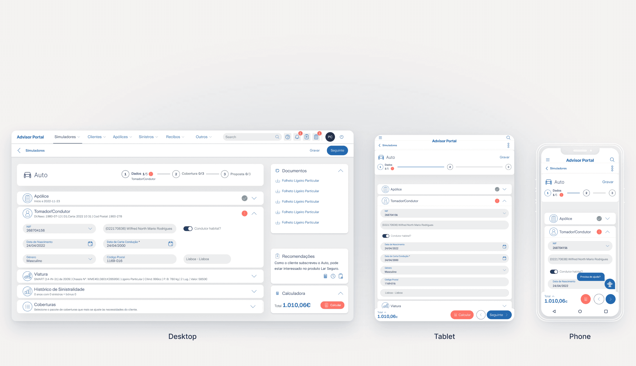 The car insurance simulator on desktop, tablet and phone